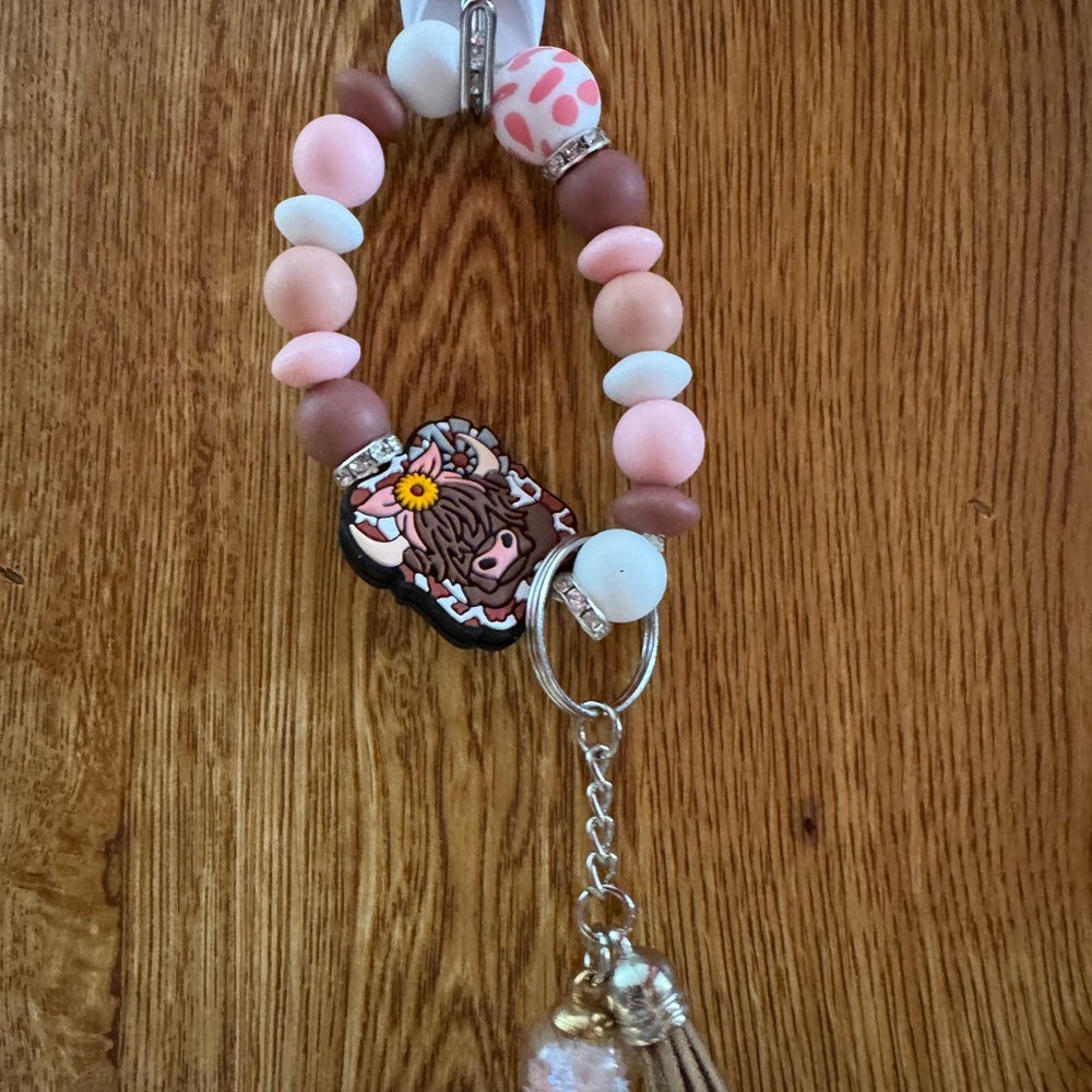 Charming Beaded Bracelet Keychain with Cow Charm - Pink and Brown